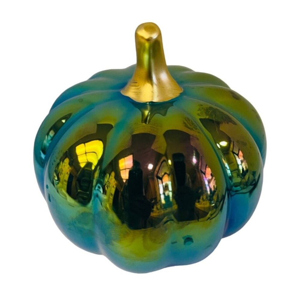Iridescent Decorative Glass Pumpkin 5" Tall‎ Gold Stem Home Decor Fall Halloween